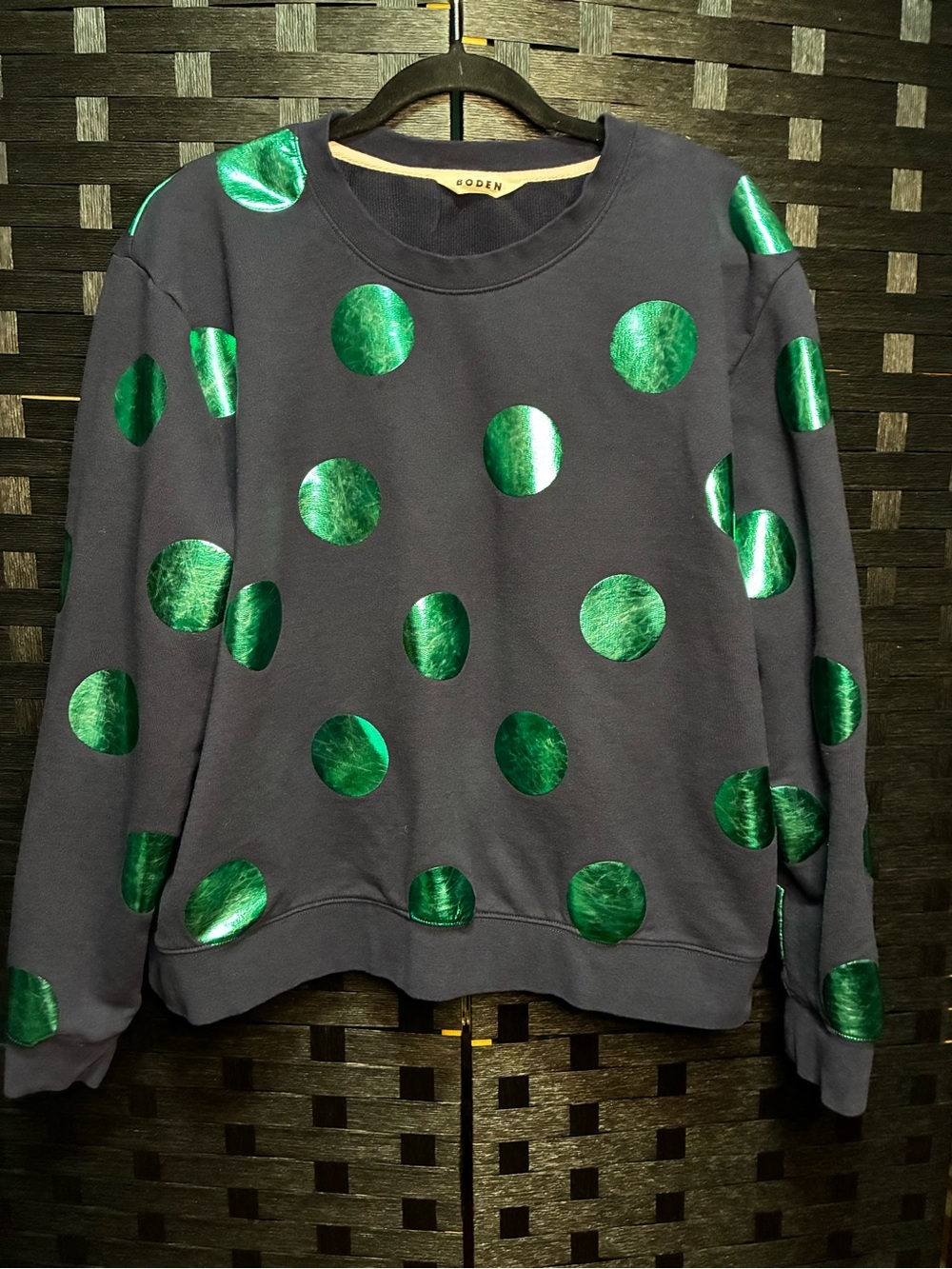 Boden Navy Crewneck Sweatshirt with Metallic Green Polka Dots